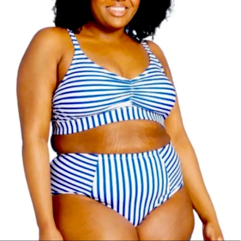 Kona Sol Women's High Waist Bikini Bottom Blue & White Striped Size 16W, 20W NWT